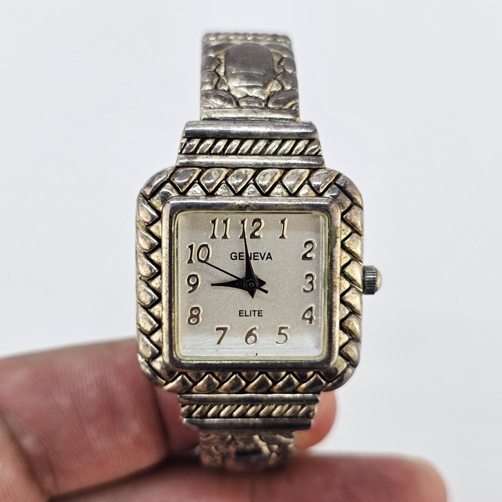 Women's Open Cuff Watch 27MM Cream Dial Gold Black Bracelet 5.75" New Battery